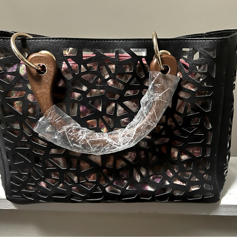 Black laser cut 2 n 1 wooden handle clear bag